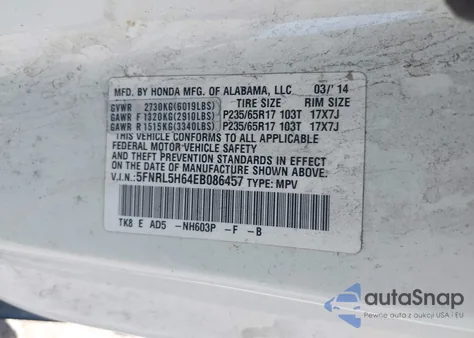 2014 Honda Odyssey Ex-L z USA, uszkodzony, nr VIN 5FNRL5H64EB086457